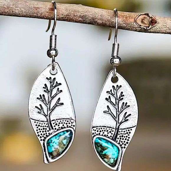 Silver Turquoise Leaf Tree Earrings Dangle - Picture 2 of 7